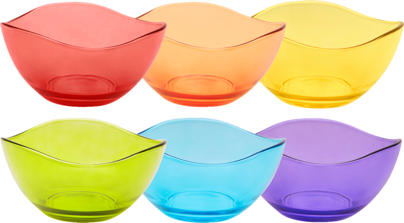 Set di 6 coppette in vetro nei colori rosso, arancio, giallo, verde, azzurro e viola