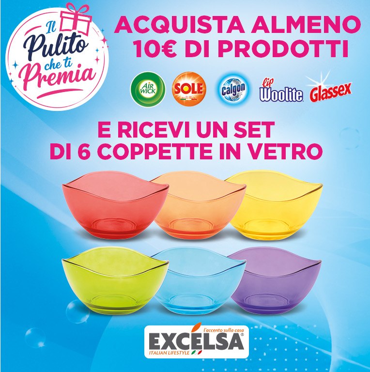 Il Pulito che ti Premia – Acquista almeno 10€ di prodotti Air Wick, Sole, Calgon, Woolite e Glassex e ricevi un set di 6 coppette in vetro Excelsa